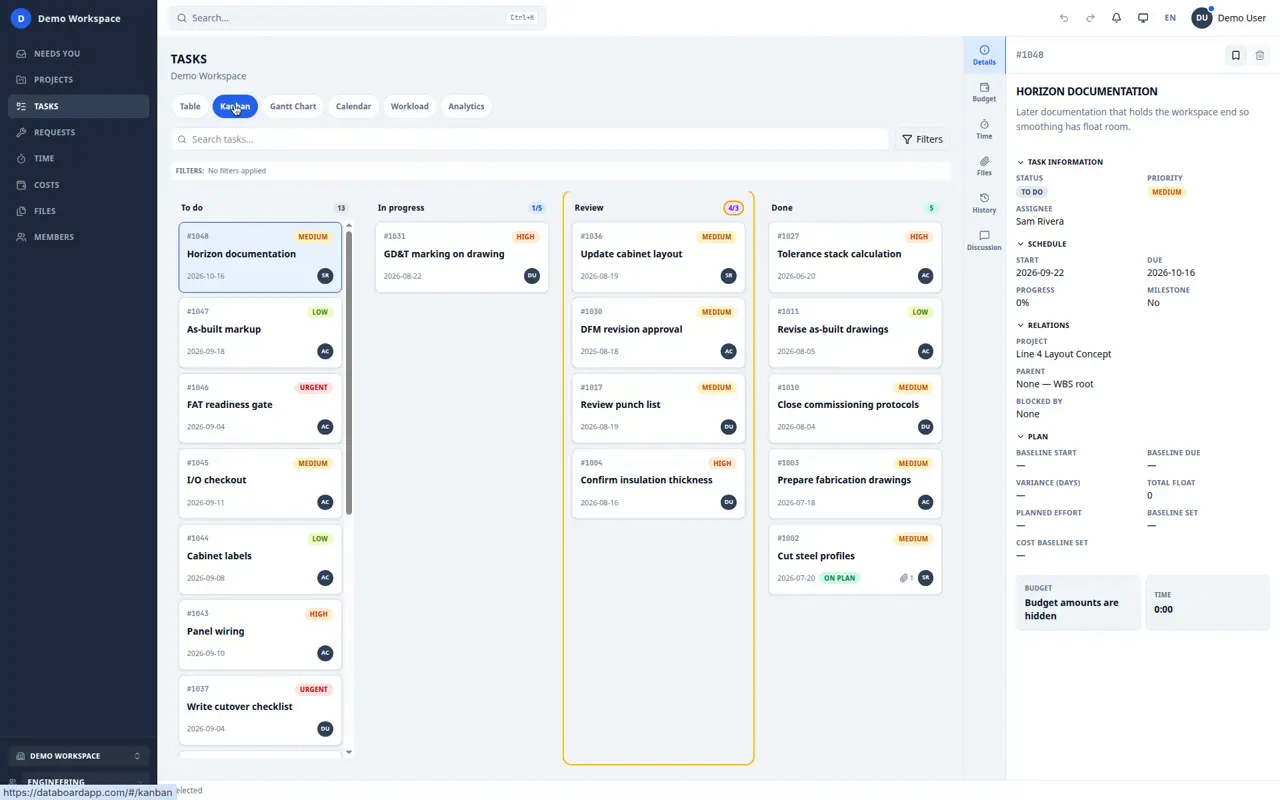 Kanban board with To do, In progress at 1 of 5, and Review over its 3-card WIP limit, engineering cards and a task detail pane.